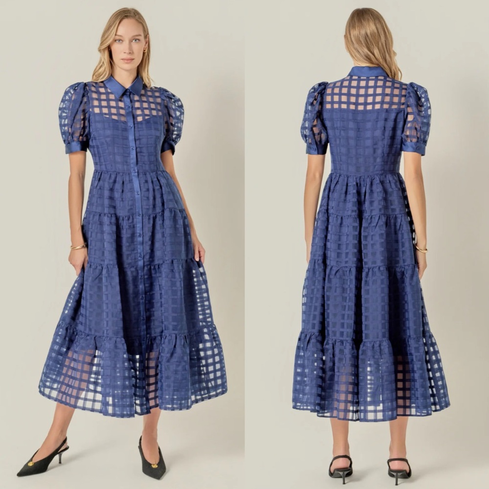 English factory Organza short sleeve button front midi dress - Picture 2 of 11